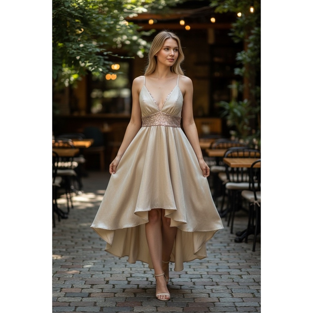 Symphony A-Line HiLow Tan-Gold Sequined Spaghetti Strap Formal Dress Small